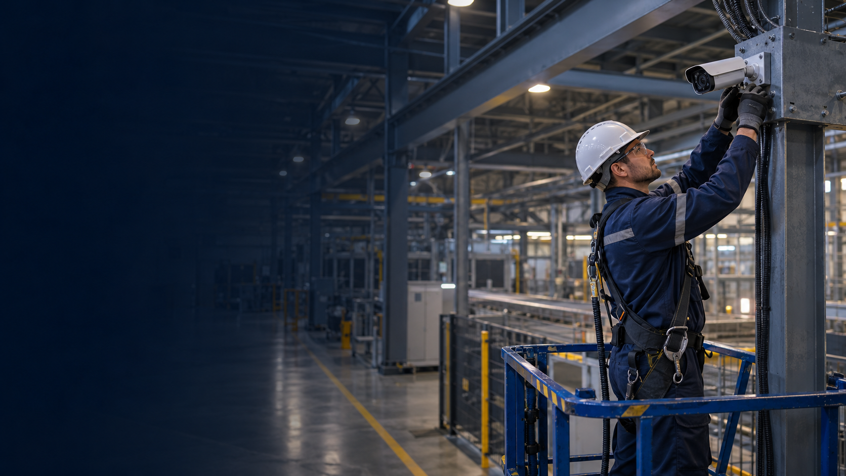 Técnico realizando manutenção em câmera de segurança instalada em uma estrutura metálica dentro de uma fábrica