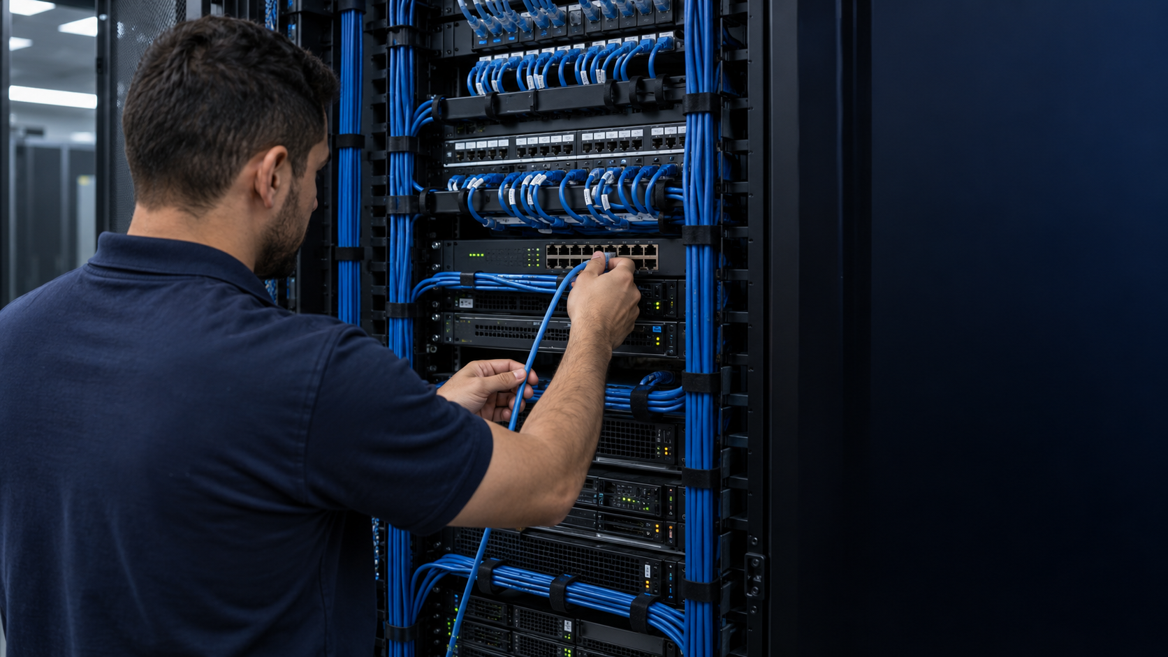 Técnico conectando cabo de rede na parte traseira de um rack organizado