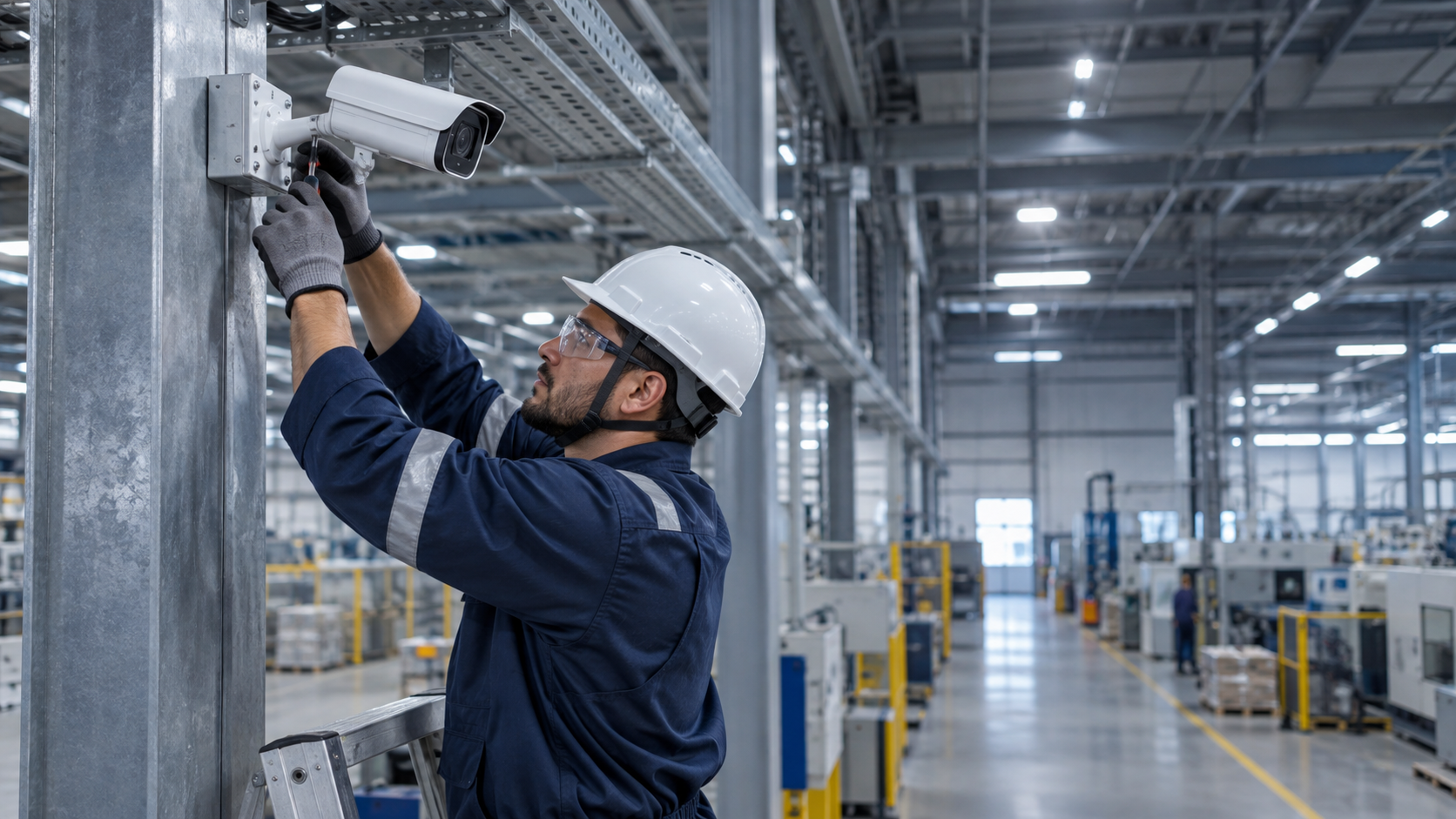 Técnico instalando câmera de CFTV em estrutura metálica dentro de uma fábrica