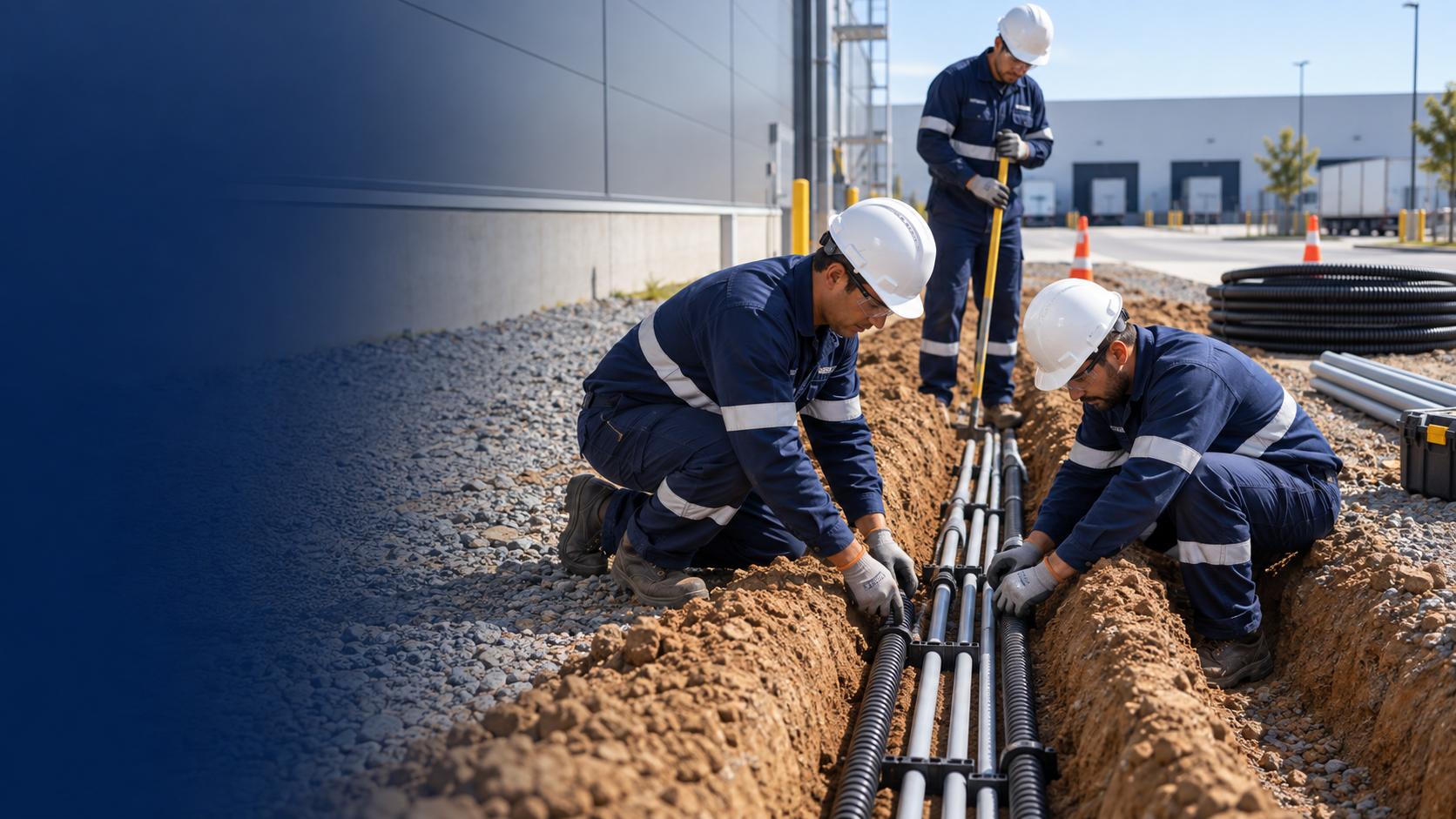 Equipe técnica instalando eletrodutos rígidos e corrugados em uma vala estreita